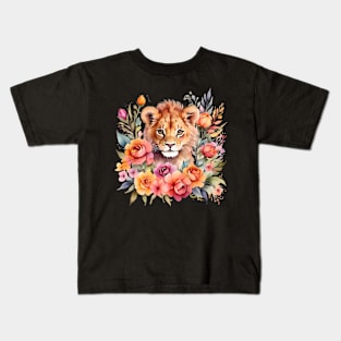 A lion cub decorated with beautiful watercolor flowers Kids T-Shirt